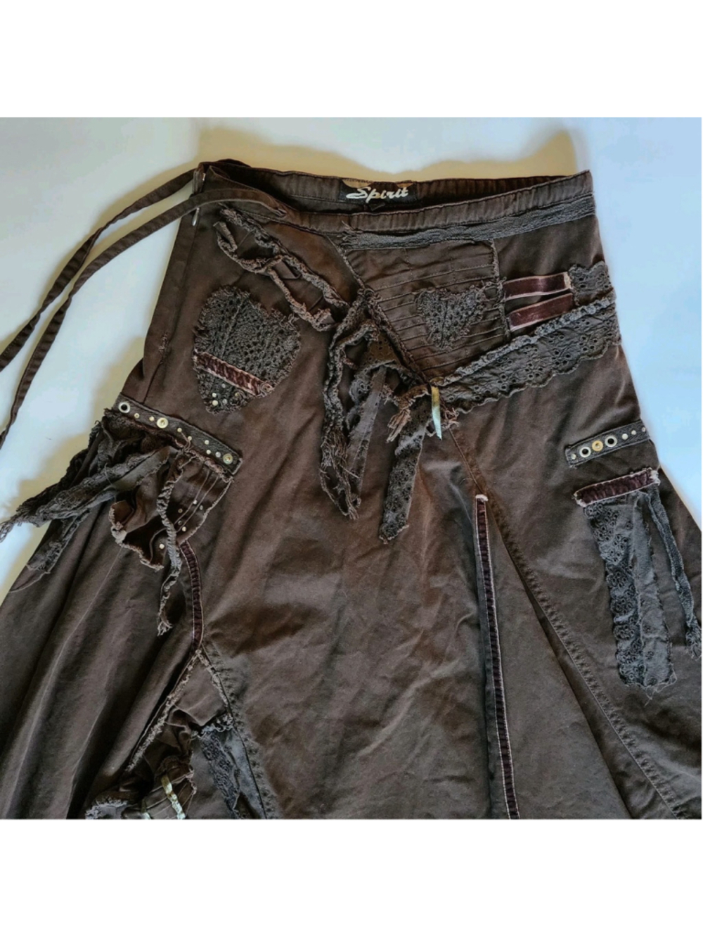 Spirit Vintage Y2K Brown Whimsigoth Fairy Grunge Asymmetric Patchwork Midi Skirt - Picture 5 of 16